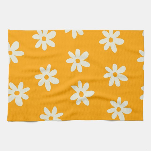 Yellow White Retro Y2K Flower Pattern Tea Towel (Horizontal)