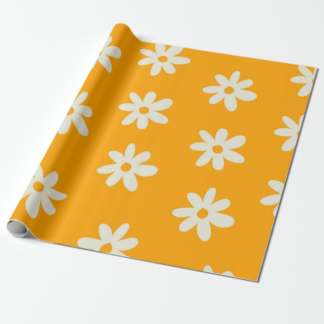 Yellow White Retro Y2K Flower Pattern Wrapping Paper (Unrolled)