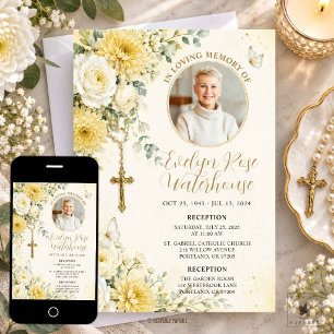Yellow White Roses Floral Catholic Funeral Photo  Invitation