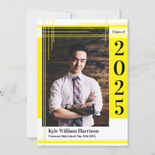 Yellow White School Colour Graduation Photo Plaid Invitation