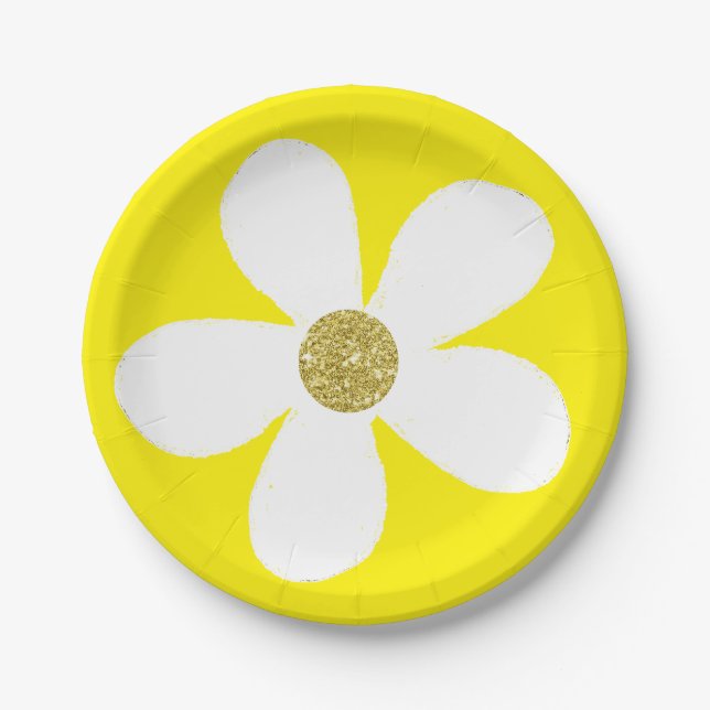 Yellow  White Simple Daisy Gold Paper Plate (Front)