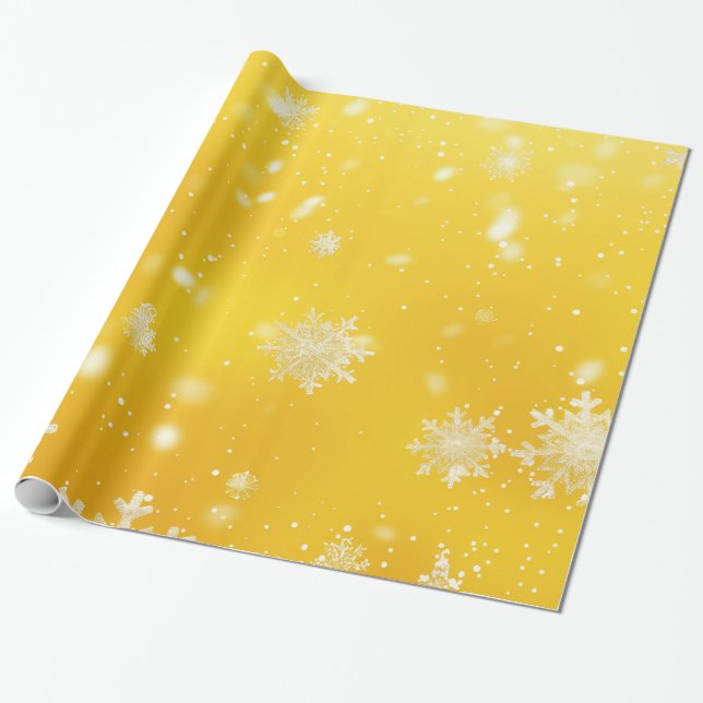 Yellow/White Snowflakes Christmas Wrapping Paper (Unrolled)