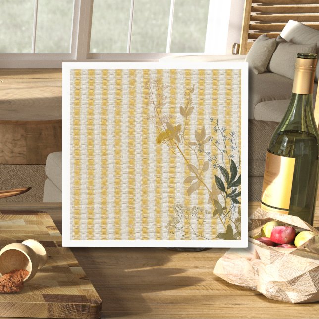 Yellow White Stripe Floral Gingham Plaid Farmhouse Napkin (Creator Uploaded)