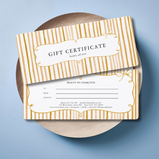 Yellow White Stripe Vintage Bow Gift Certificate (Yellow White Stripe Vintage Bow Gift Certificate)
