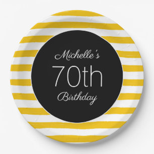 Yellow White Stripes Black 70th Birthday Paper Plate