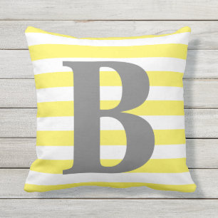 Yellow White Stripes Monogram Initial Square Cushion