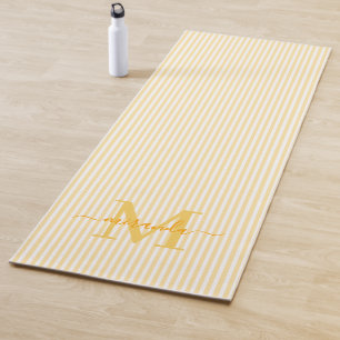 Yellow & White Stripes Monogram Name Yoga Mat