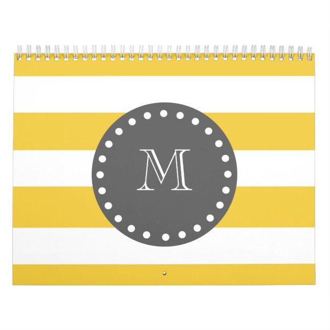 Yellow White Stripes Pattern, Charcoal Monogram Calendar (Cover)