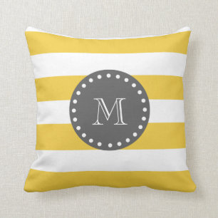 Yellow White Stripes Pattern, Charcoal Monogram Cushion