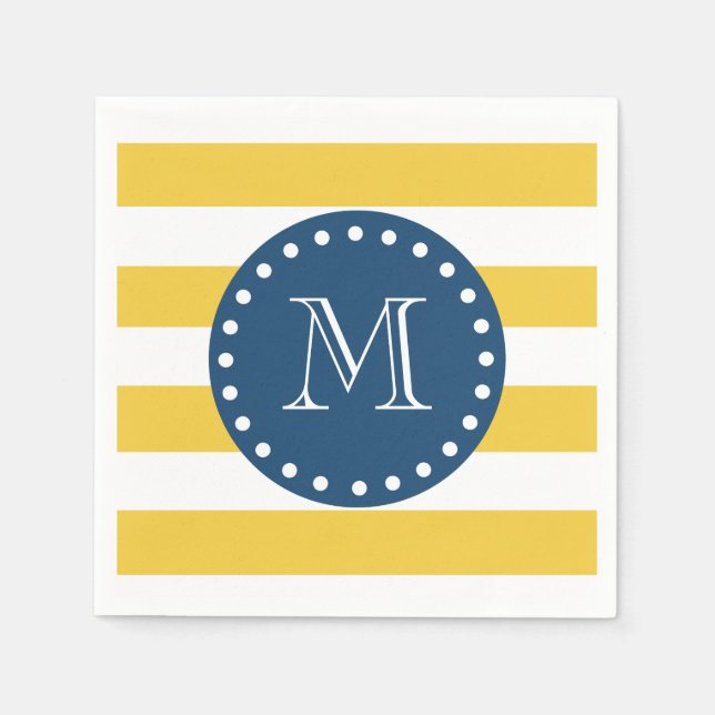 Yellow White Stripes Pattern, Navy Blue Monogram Napkin (Front)
