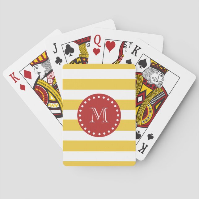 Yellow White Stripes Pattern, Red Monogram Playing Cards (Back)