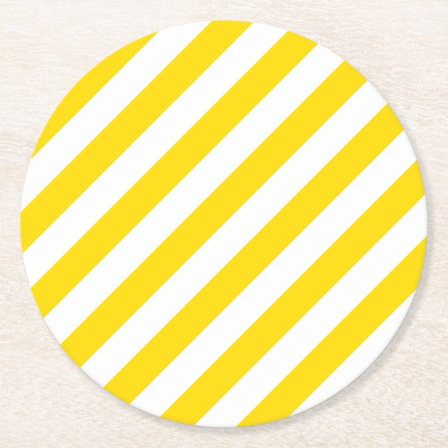 Yellow White Stripes Template Trend Colours Elegan Round Paper Coaster (Front)