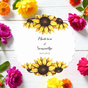 Yellow White Sunflower Wedding Floral Paper Coaster