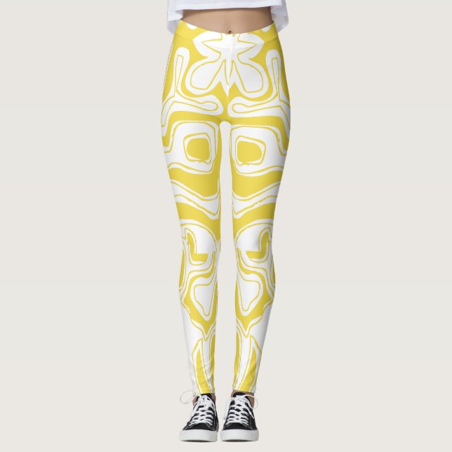 Yellow White Swirls Abstract Leggings (Front)