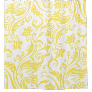 Yellow White Vintage Damask Pattern Shower Curtain