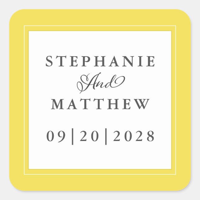 Yellow White Wedding Elegant Calligraphy Modern Square Sticker (Front)