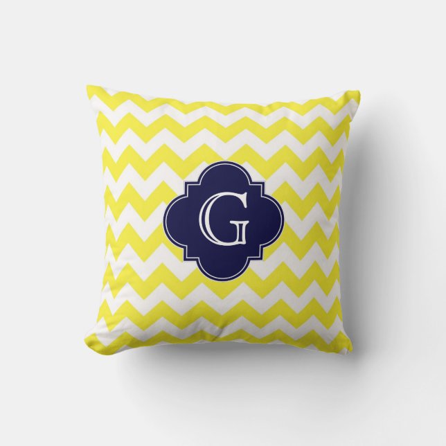 Yellow Wht Chevron Navy Blue Quatrefoil Monogram Cushion (Front)