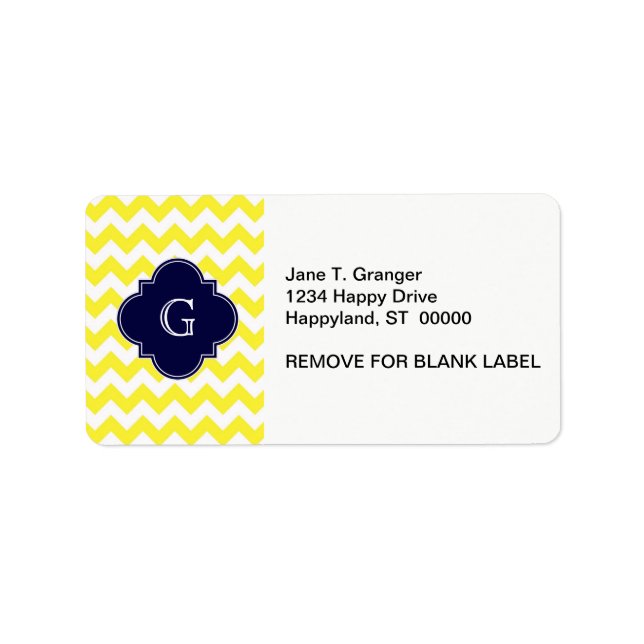 Yellow Wht Chevron Navy Blue Quatrefoil Monogram Label (Front)