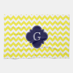 Yellow Wht Chevron Navy Blue Quatrefoil Monogram Tea Towel