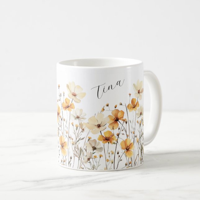 Yellow wild flowers meadow pottery cup (Front Right)