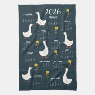 Yellow Wildflower and Goose 2026 Calendar - Navy Tea Towel