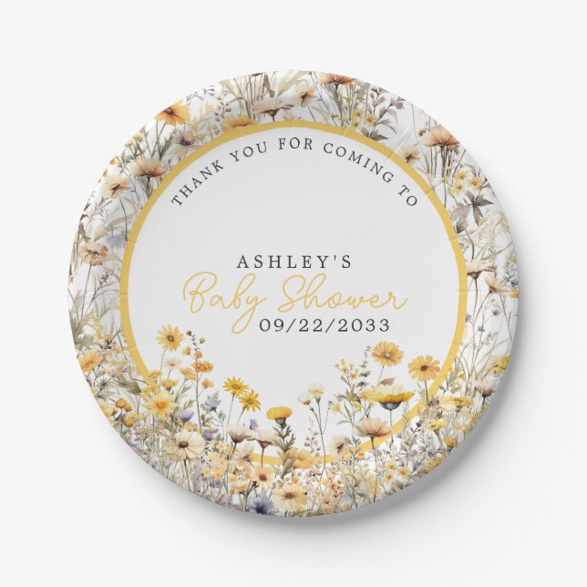 Yellow Wildflower Boho Watercolor Baby Shower Paper Plate (Front)