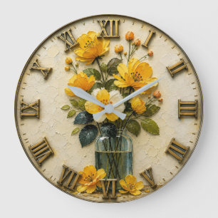 Yellow Wildflower Bouquet Rustic Floral Vase Large Clock