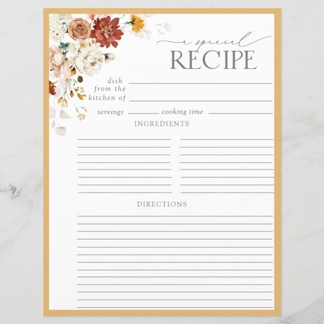 Yellow Wildflower Bridal Recipe Binder Page (Front)