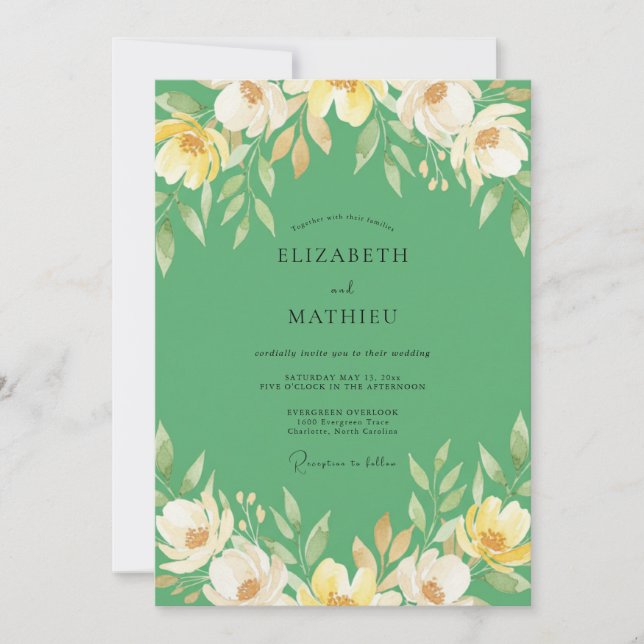 Yellow Wildflower Emerald Wedding Invitation (Front)
