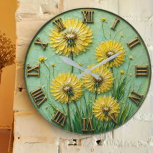 Yellow Wildflower Mint Green Botanical Floral Art Large Clock