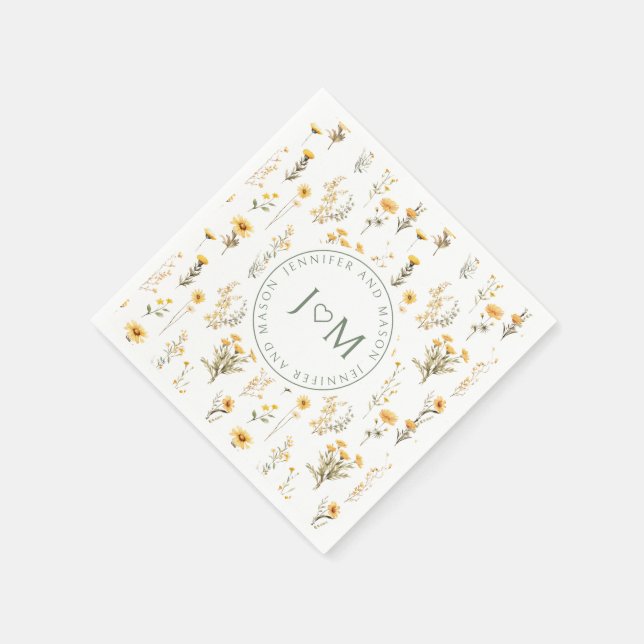 Yellow wildflower monogram wedding paper napkins (Corner)