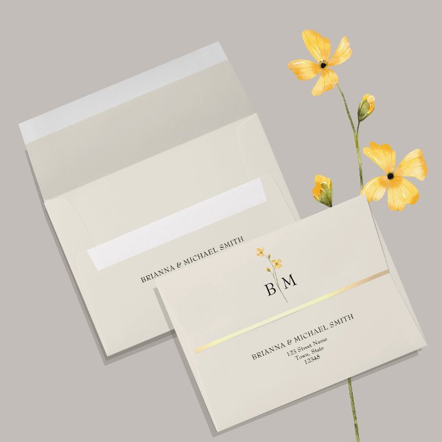 Yellow Wildflower Monogram Wedding Return Address Envelope (Creator Uploaded)