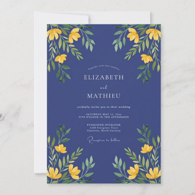 Yellow Wildflower Sapphire Wedding Invitation (Front)