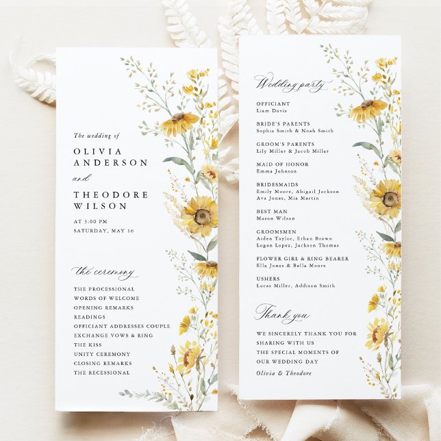 Yellow Wildflower Sunflower Wedding Ceremony Programme (yellow wildflower sunflower wedding program floral ceremony program garden wedding stationery)