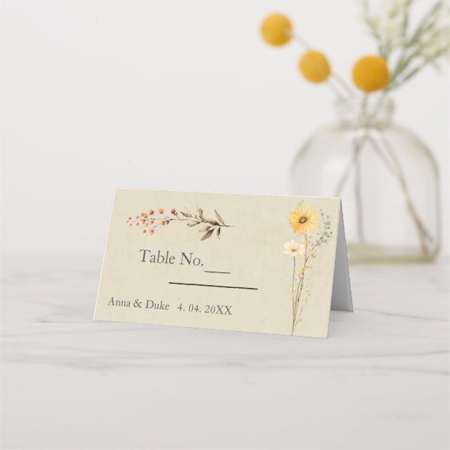 Yellow Wildflower Wedding Place Card (Front)