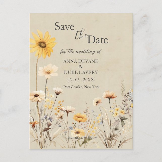 Yellow Wildflower Wedding Save the Date Postcard (Front)