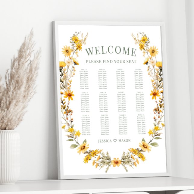 Yellow wildflower wreath wedding seating chart (Creator Uploaded)