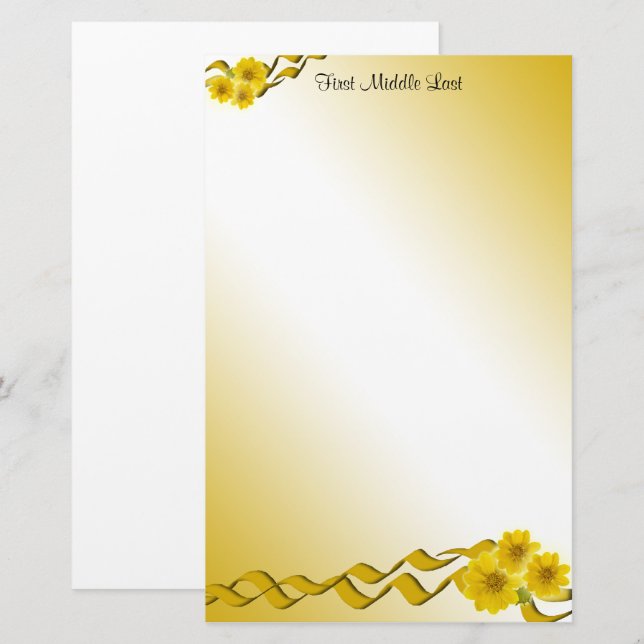 Yellow Wildflowers and Ribbons Borders Custom Stationery (Front/Back)