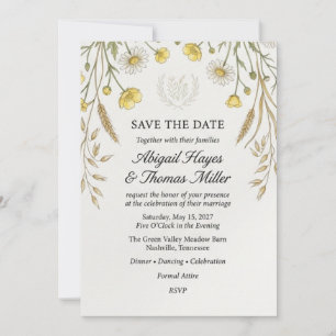 Yellow Wildflowers, Daisies, Wheat, Botanical Cres Invitation