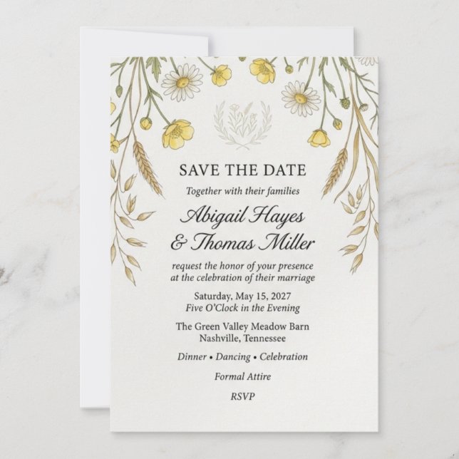 Yellow Wildflowers, Daisies, Wheat, Botanical Cres Invitation (Front)