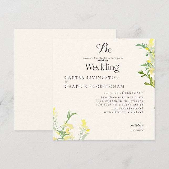 Yellow Wildflowers Monogram Square Wedding II Invitation (Front/Back)