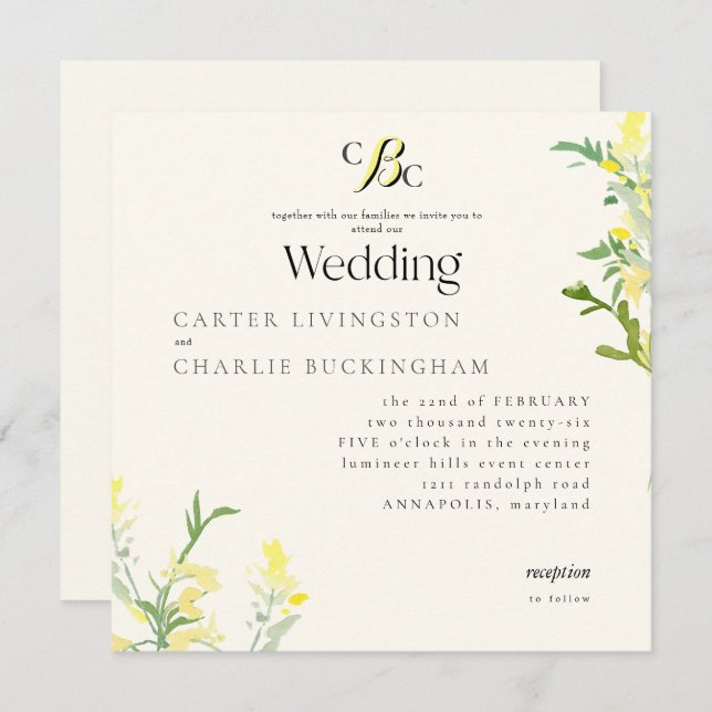 Yellow Wildflowers Monogram Square Wedding III Invitation (Front/Back)