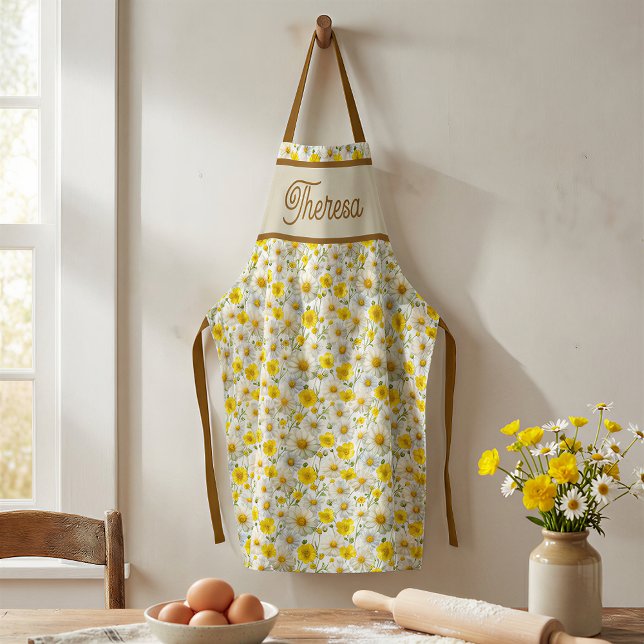 Yellow Wildflowers Pattern Monogram Name Apron (Creator Uploaded)
