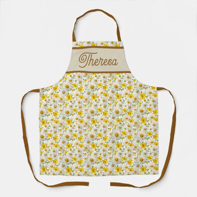 Yellow Wildflowers Pattern Monogram Name Apron (Front)