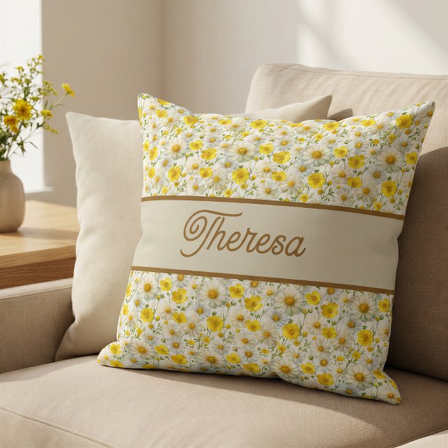 Yellow Wildflowers Pattern Monogram Name Cushion (Creator Uploaded)