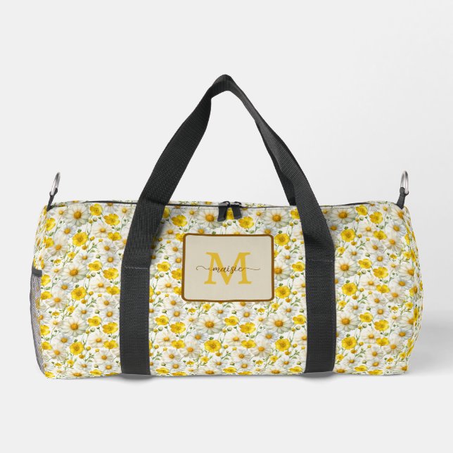 Yellow Wildflowers Pattern Monogram Name Duffle Bag (Back)