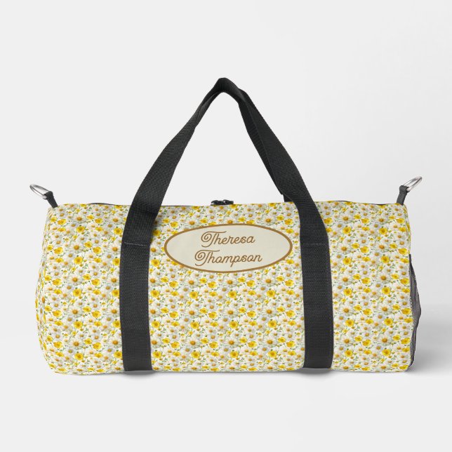 Yellow Wildflowers Pattern Monogram Name Duffle Bag (Front)