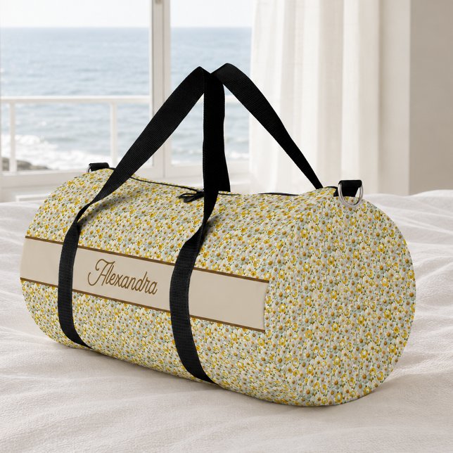 Yellow Wildflowers Pattern Monogram Name Duffle Bag (Creator Uploaded)