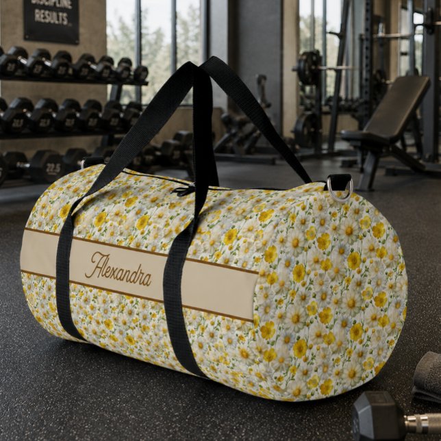 Yellow Wildflowers Pattern Monogram Name Duffle Bag (Creator Uploaded)