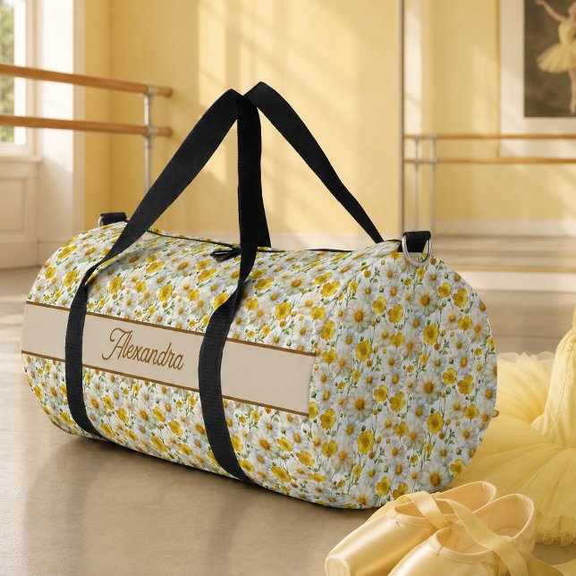 Yellow Wildflowers Pattern Monogram Name Duffle Bag (Creator Uploaded)